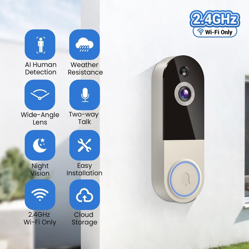 NariOrbi WiFi Video Doorbell Camera with Human Detection, Battery Powered, Night Vision, 2-Way Talk, 2.4G WiFi, Cloud Storage - Image 2